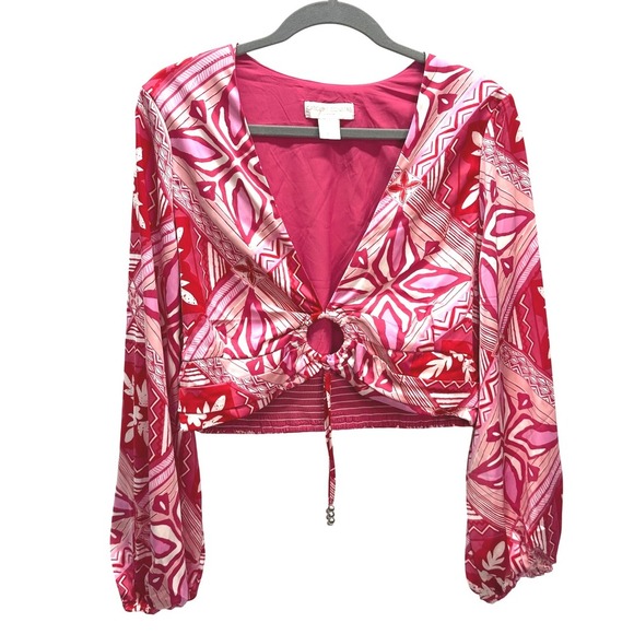 Caroline Constas Crop Top Pink Tribal Print Long Sleeve Blouse Keyhole Size L - Picture 1 of 8
